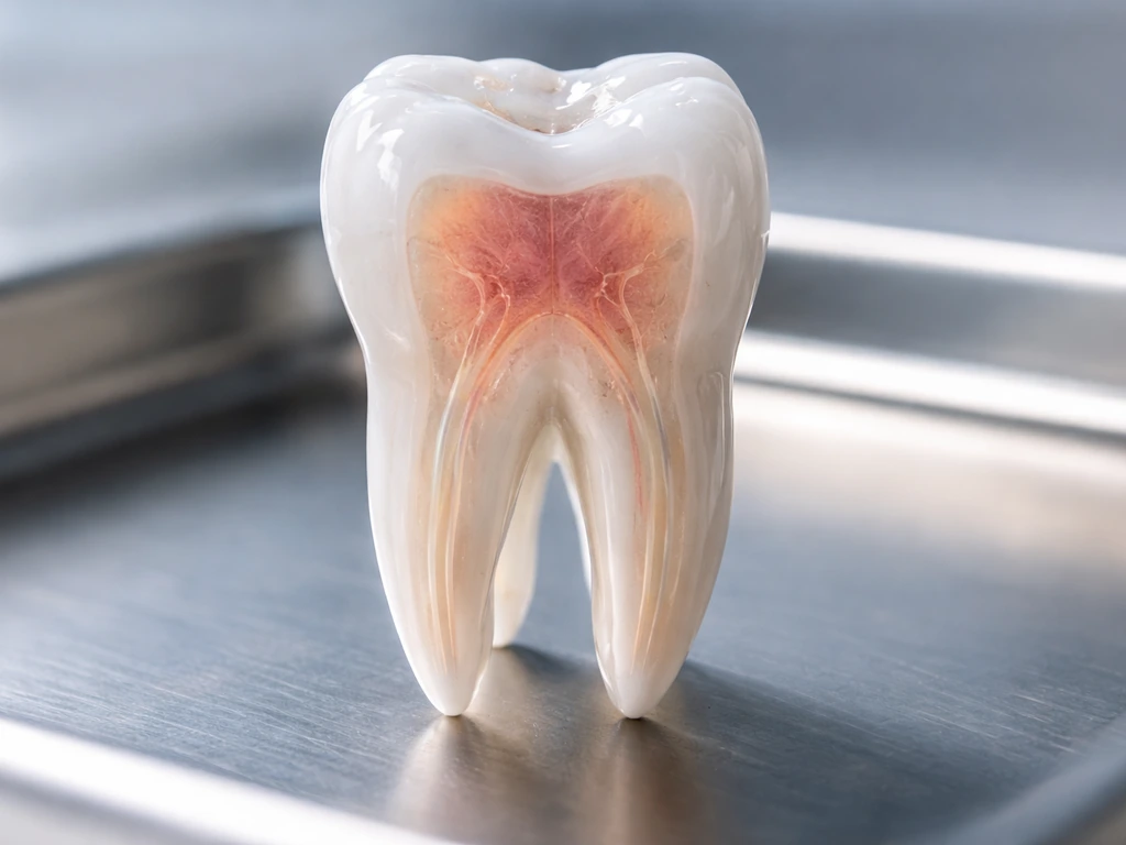 Macro close-up of a tooth with a subtle transparent pulp-and-root canal anatomy visualization overlay.