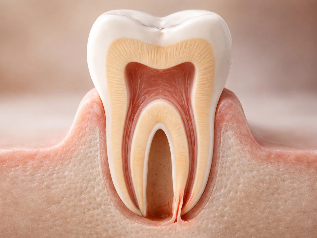 Realistic cross-section of a tooth showing the enclosed pulp chamber and a narrow root canal opening.