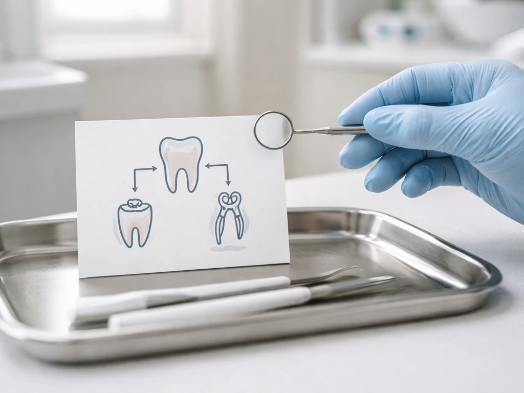 Gloved hand holding a mouth mirror beside a minimal tooth diagram showing two treatment pathways.