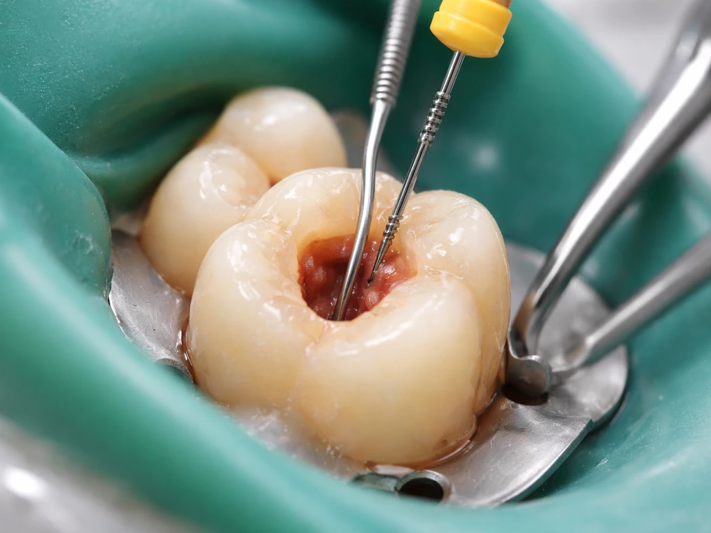 Close-up of dental endodontic access opening with instruments inside a tooth during root canal treatment.