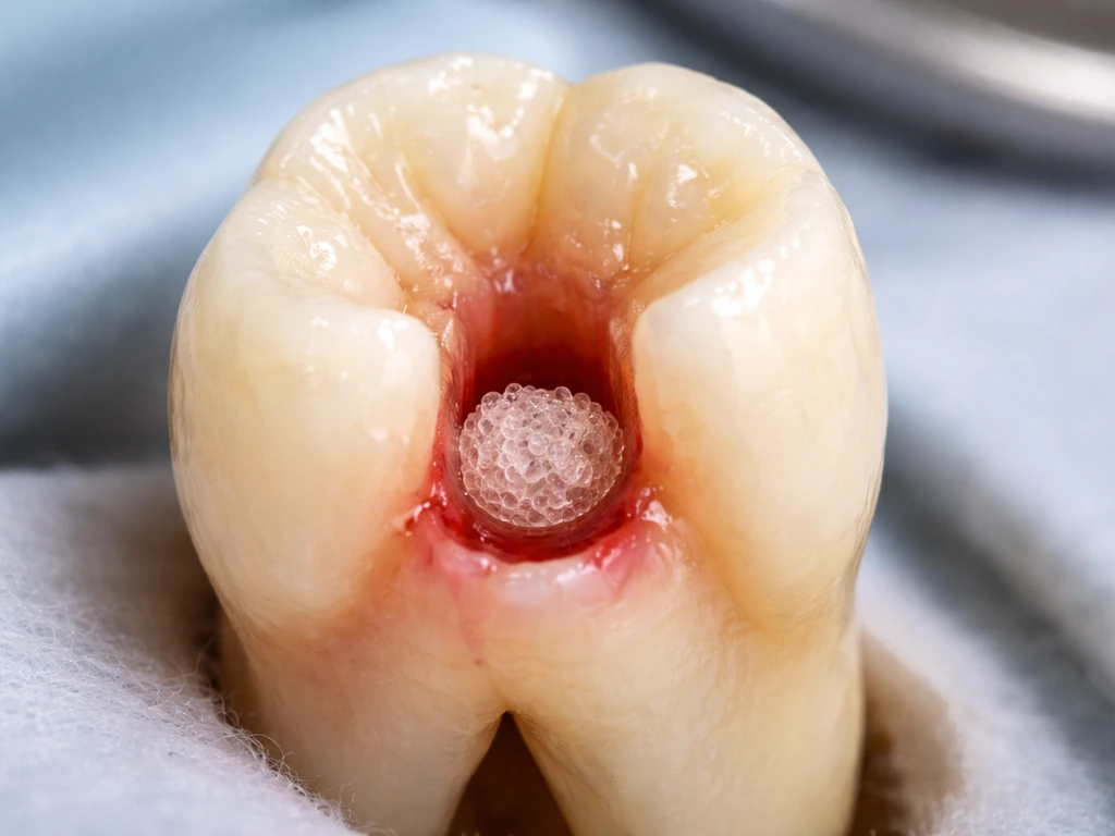 Macro view of an immature tooth with an open apex and a scaffold-like material near the canal entrance.