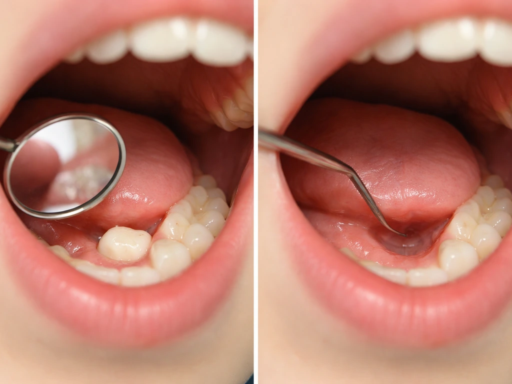 Dental exam comparison: a permanent tooth erupting on one side and gum with no regrowth on the other.
