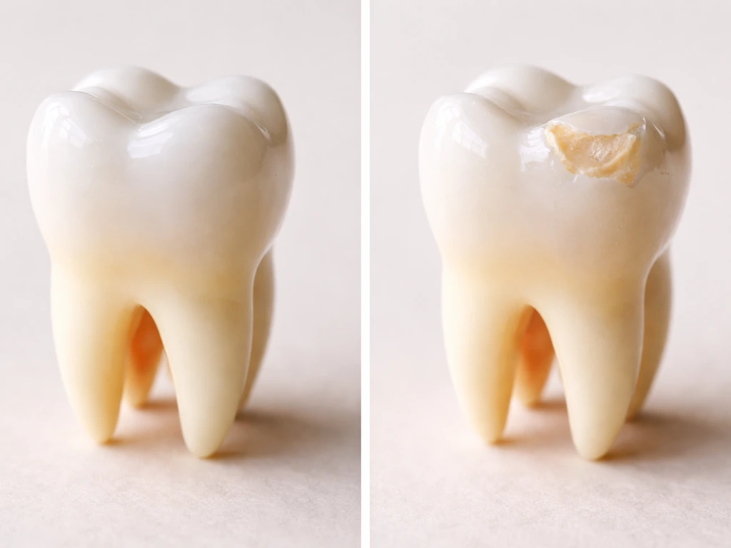 Close-up of a healthy tooth model beside a damaged enamel edge, showing enamel cannot regrow.