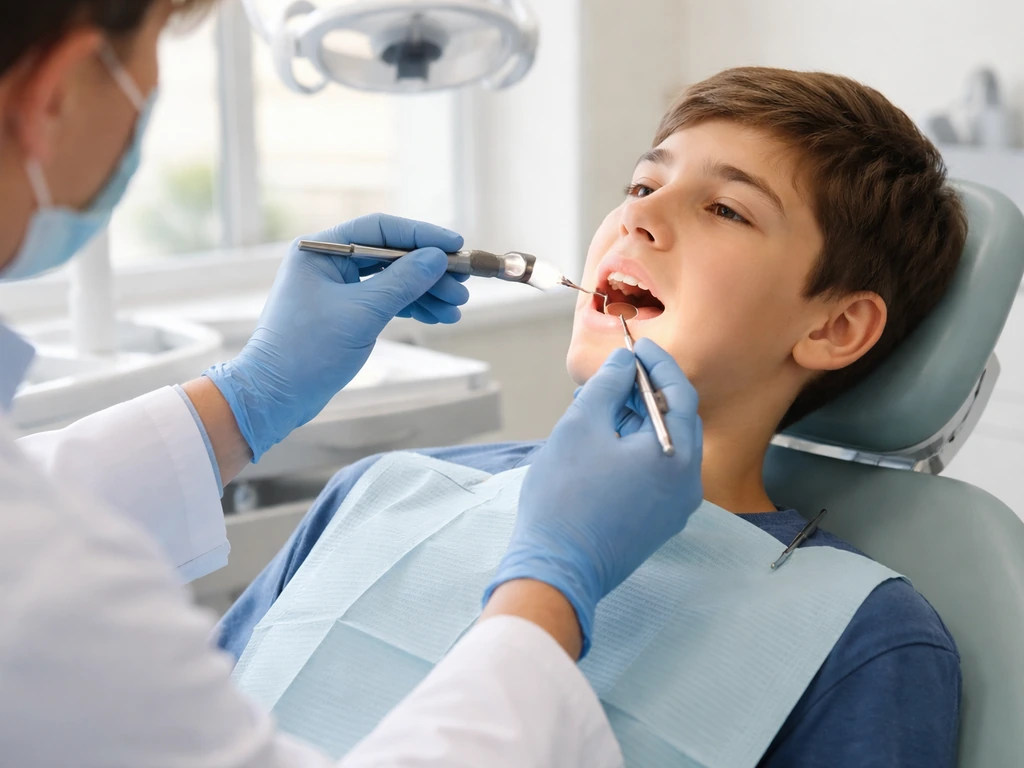Dentist checks a teen’s gums with a mouth mirror and light during a calm dental exam.
