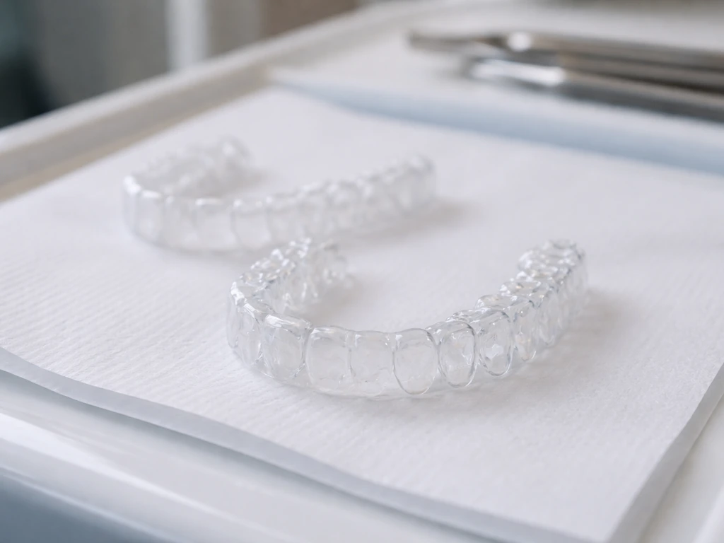 Close-up of clear orthodontic aligner on a clean dental tray, with soft clinical background