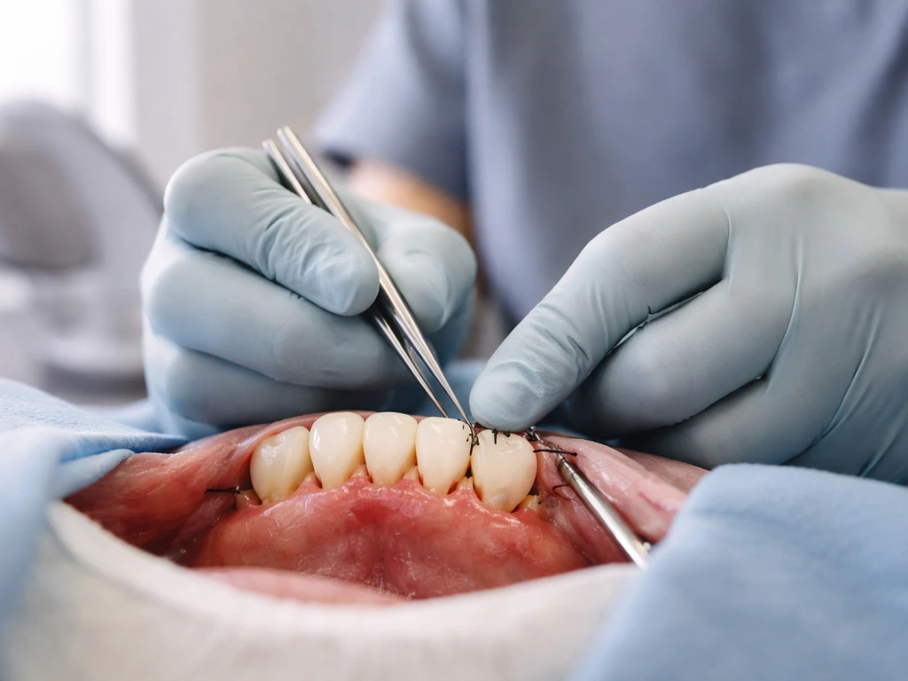 Periodontist’s gloved hands performing crown lengthening with gum flap reflected and sutures repositioned around a tooth