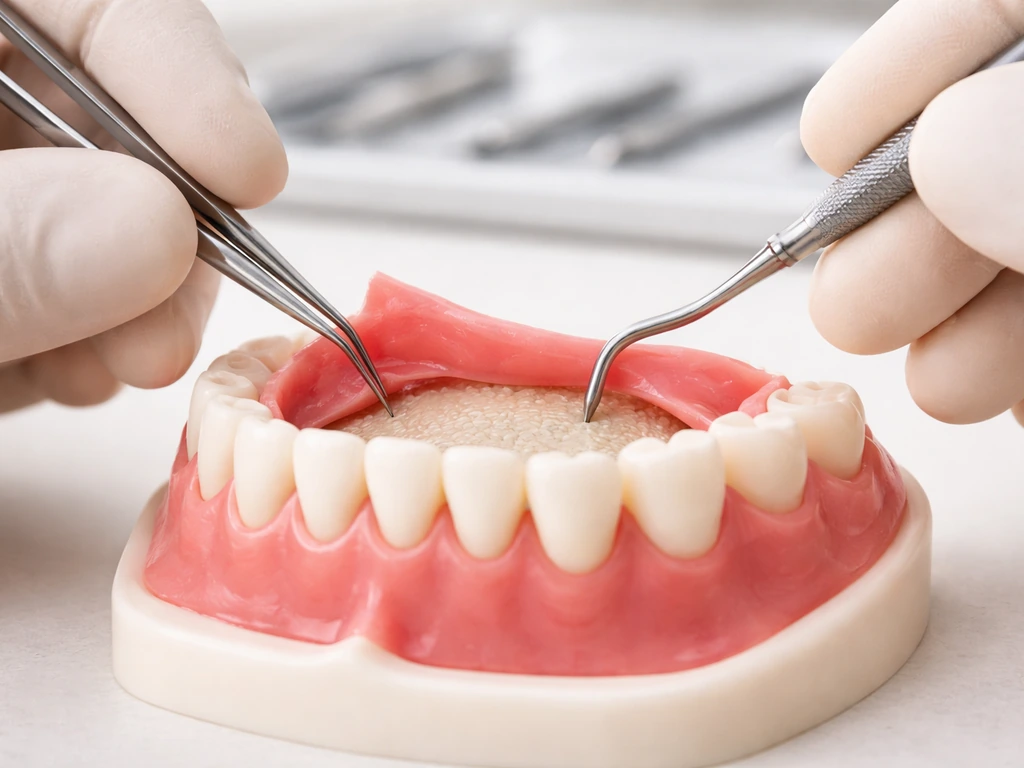 Dental surgeon reflecting gum tissue and repositioning a flap on a model mouth, showing bone removal steps.