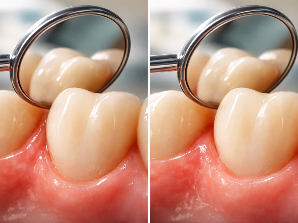 Macro view of gum recession around a tooth with a subtle before/after-style comparison in a dental setting.