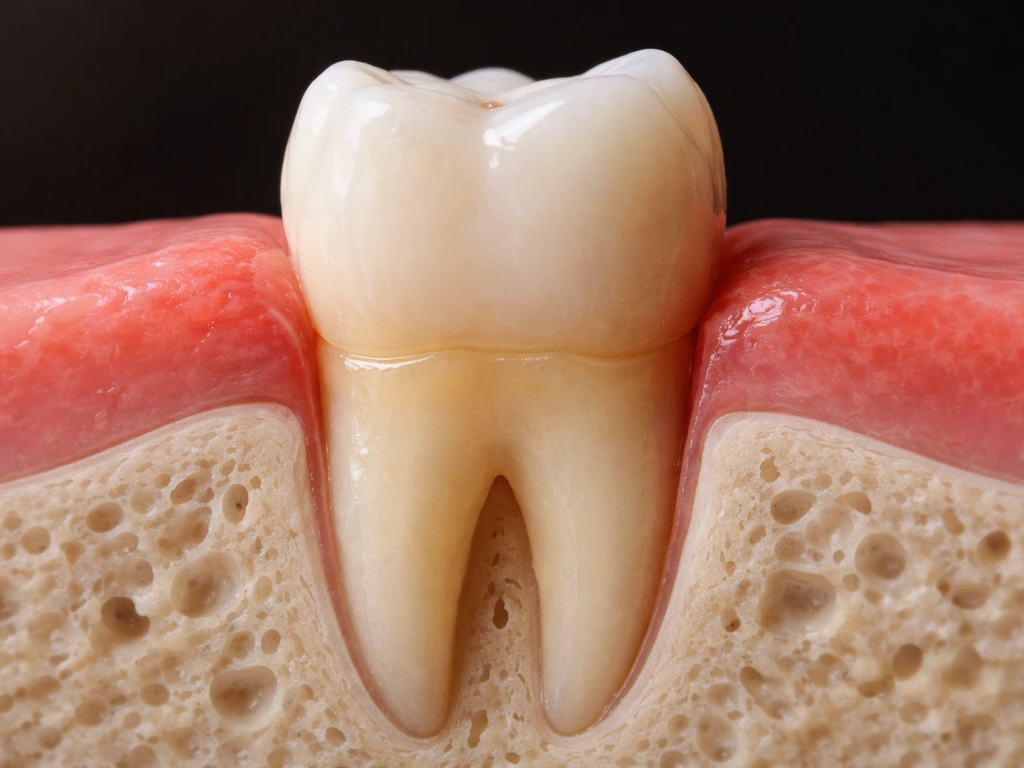 Close-up photo-style dental view showing cementoenamel junction, crestal bone, and gum level relationship.