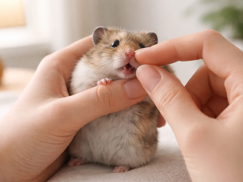 Person gently inspecting a calm hamster’s mouth with soft light at home
