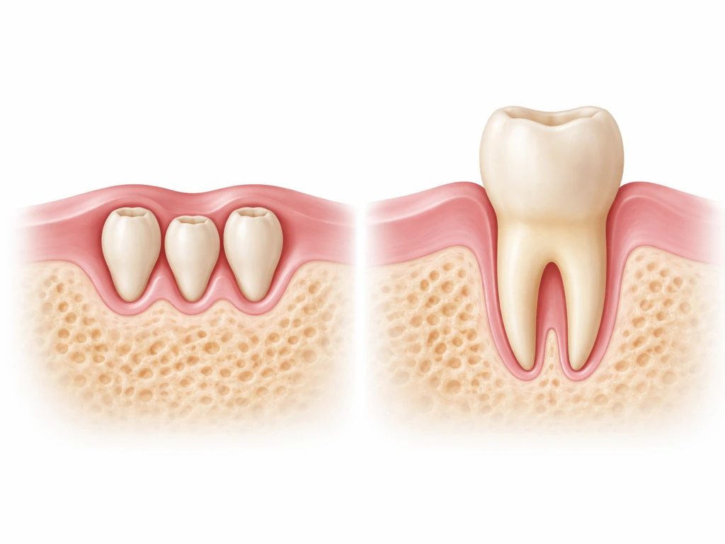 Minimal jaw cross-section showing tooth buds beneath gums and an erupted tooth through the gum line.