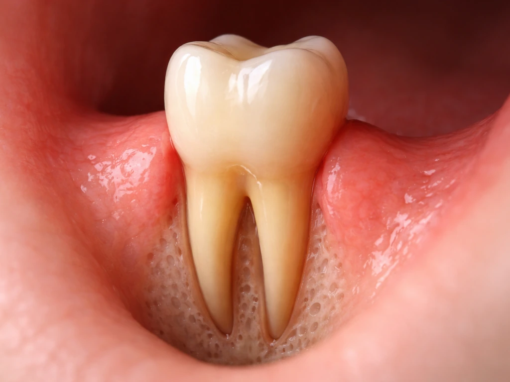 Close-up view inside a mouth showing an erupted adult tooth with surrounding gum and root space