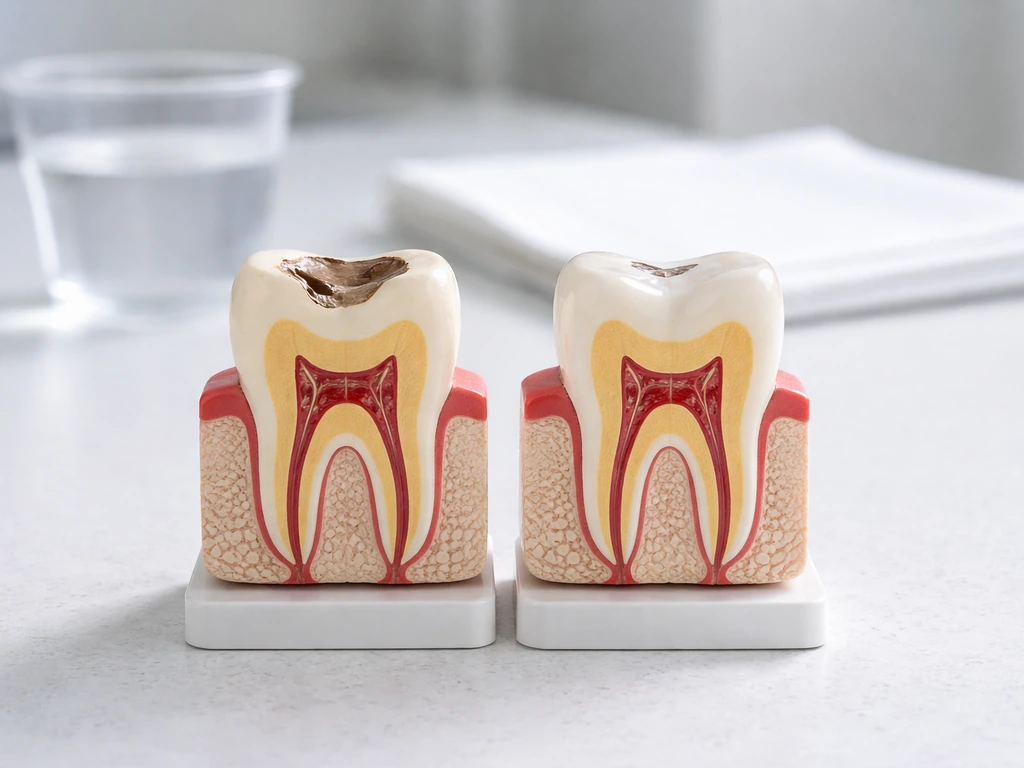 Two simple tooth cross-section models on a clinic counter showing enamel loss vs limited dentin/restoration outcomes.