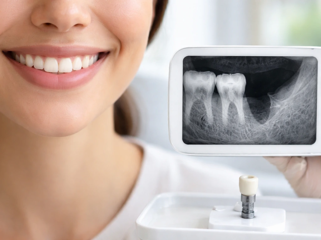 Healthy smile beside a dental scan showing missing tooth space and a modern replacement pathway.