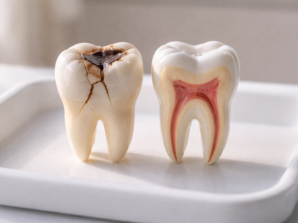 Close-up of a cracked tooth model beside a fully formed tooth model on a clean dental tray