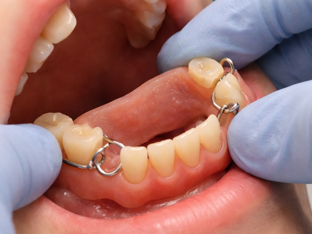 Dental closeup of a removable partial denture being positioned with clasps on remaining teeth.