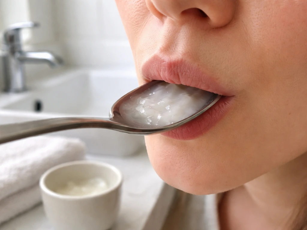 Close-up of a spoon swishing coconut oil in a bathroom with a cup and sink in soft focus.