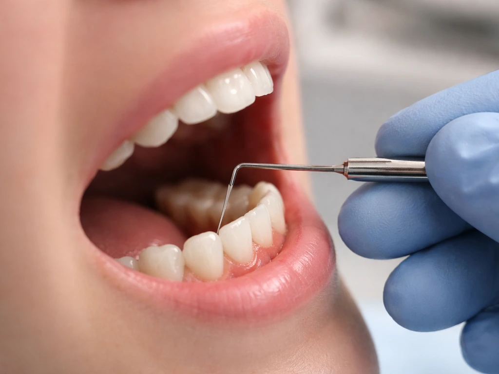 Close-up dental exam showing a periodontal probe measuring gum recession at the gumline.