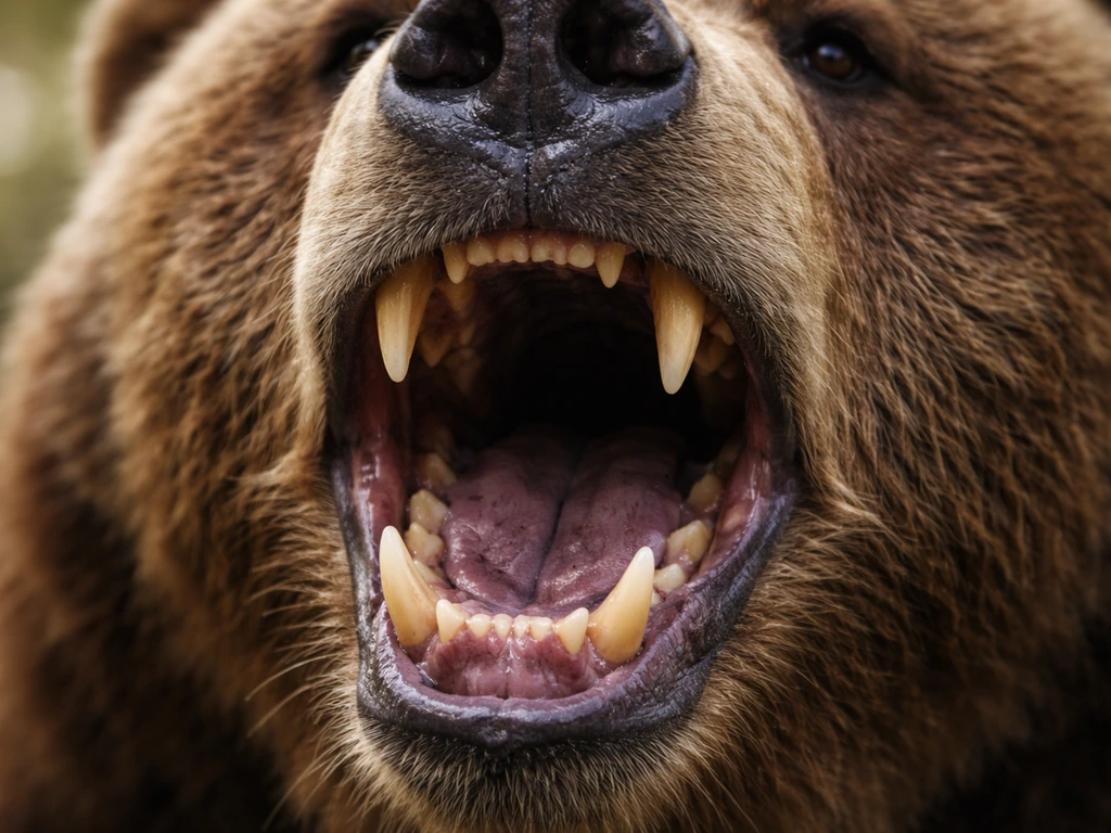 Close-up of a bear mouth with visible teeth, shallow depth of field, natural light.
