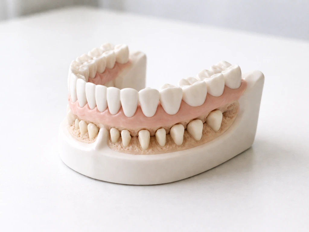 Close-up of an anatomical jaw model showing a simple two-stage tooth replacement sequence