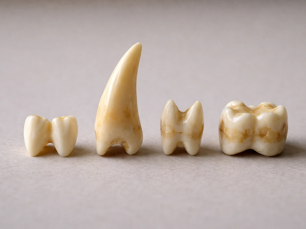 Close-up of four bear teeth types laid out side-by-side on a neutral background.
