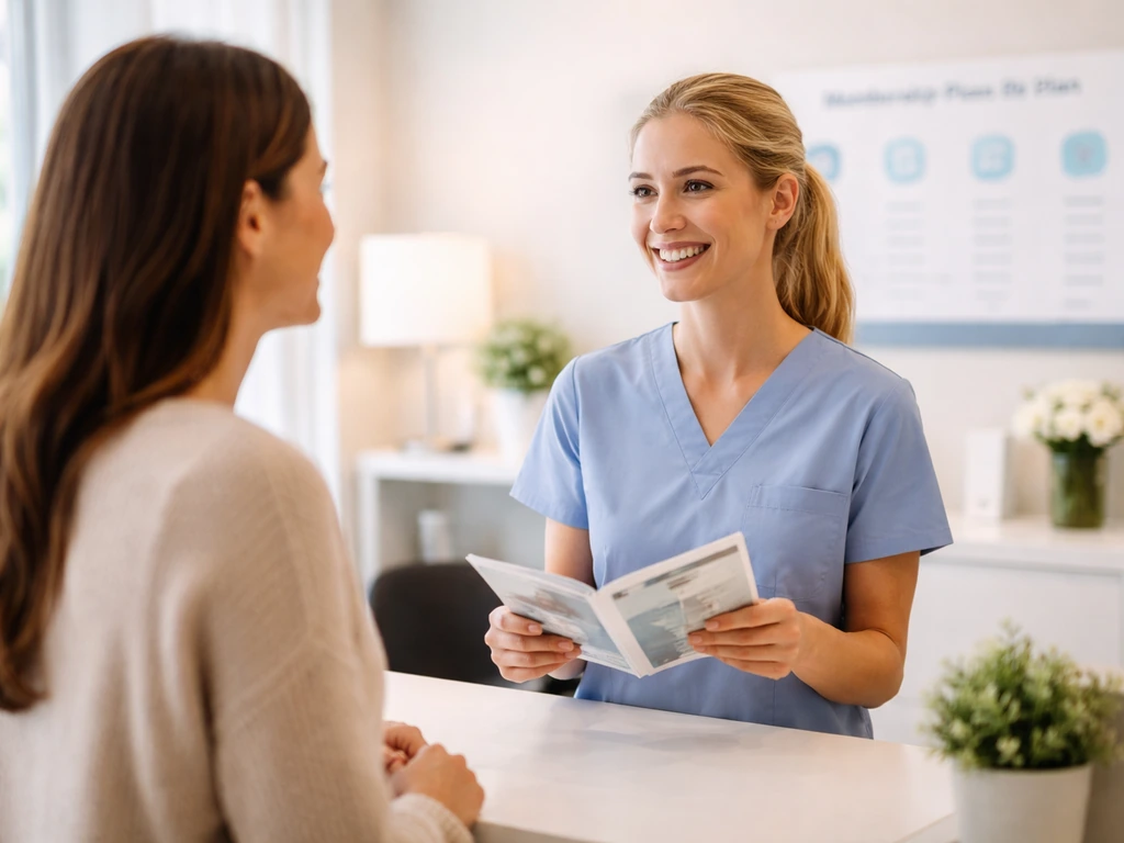 Dental clinic front desk staff discussing a dental membership plan with a patient at eye level.