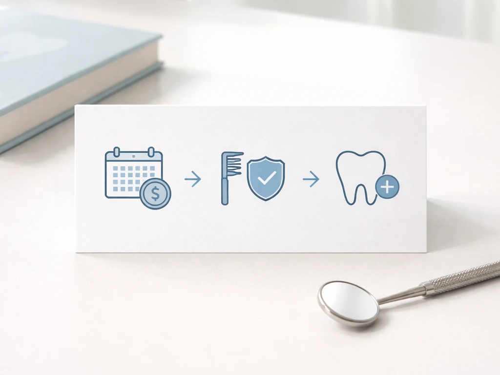 Minimal tabletop photo showing a three-panel icon card about dental membership fees, preventive care, and add-ons.