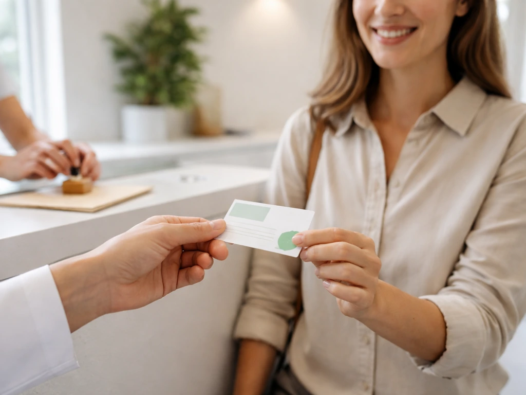 Smiling patient and clinic staff exchanging a referral incentive in a dental reception area.