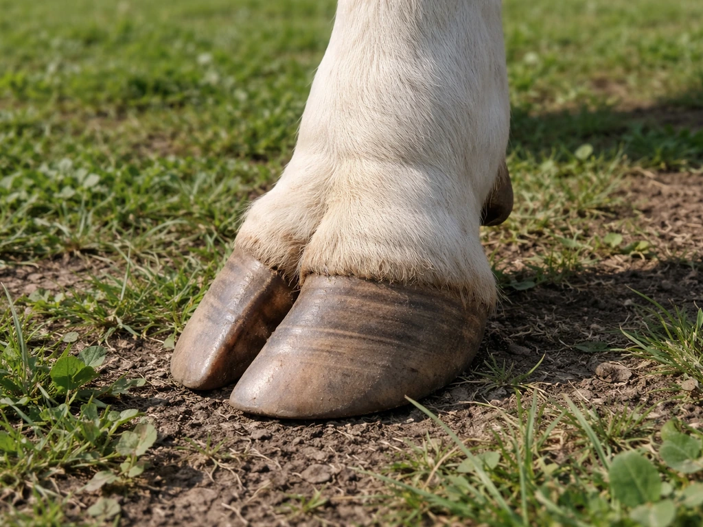 Close-up of a cow’s hoof horn texture on a lower leg, with no teeth visible anywhere.