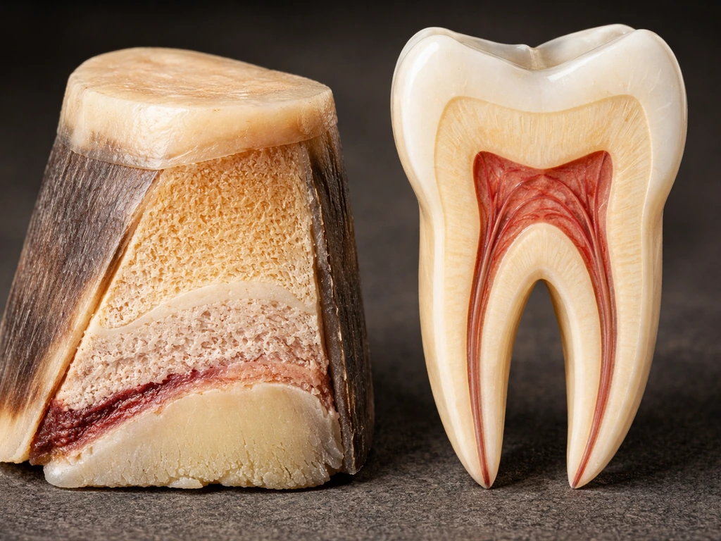 Macro cross-section view comparing a cow hoof horn layers with a tooth enamel and dentin layers.
