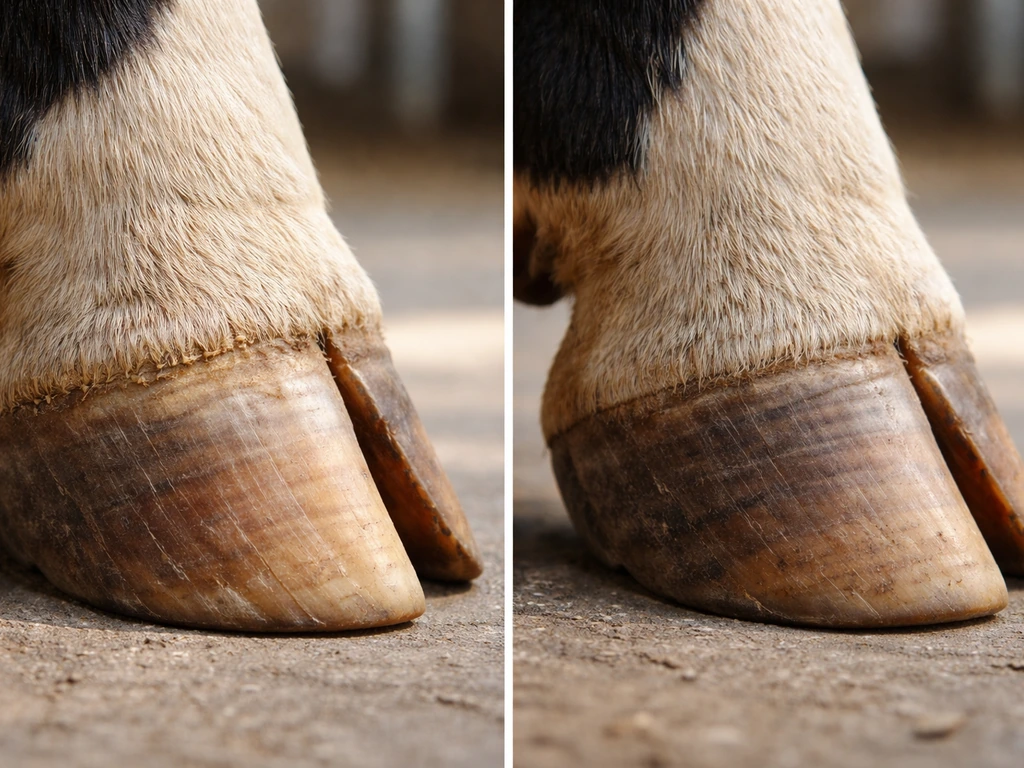 Split close-up of a cow hoof showing fresh growth near the coronet and smoother worn horn lower down.