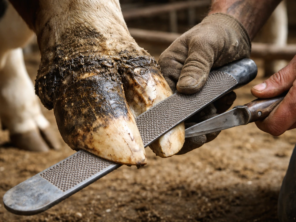 Farrier trimming a dairy cow’s hoof with a rasp in a calm livestock barn.