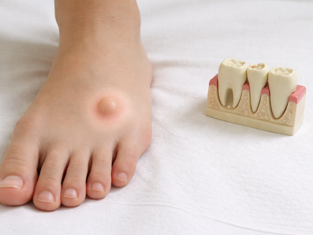 Close-up of a foot with a small bump beside a tooth/jaw anatomy model, contrasting bumps and real teeth.
