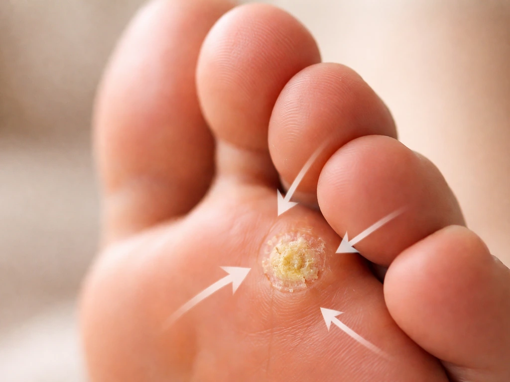 Close-up of a callus/corn on a toe with rough, thickened dry keratin at a pressure area.