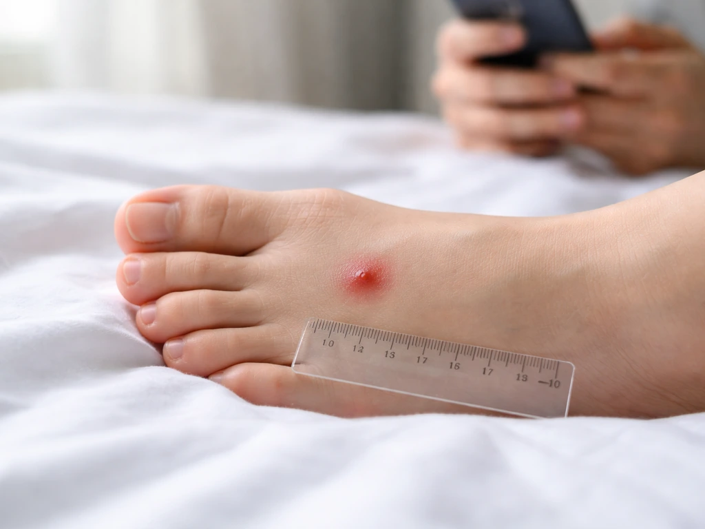 A foot with a small red lesion beside a clear ruler and a smartphone for taking a photo today.