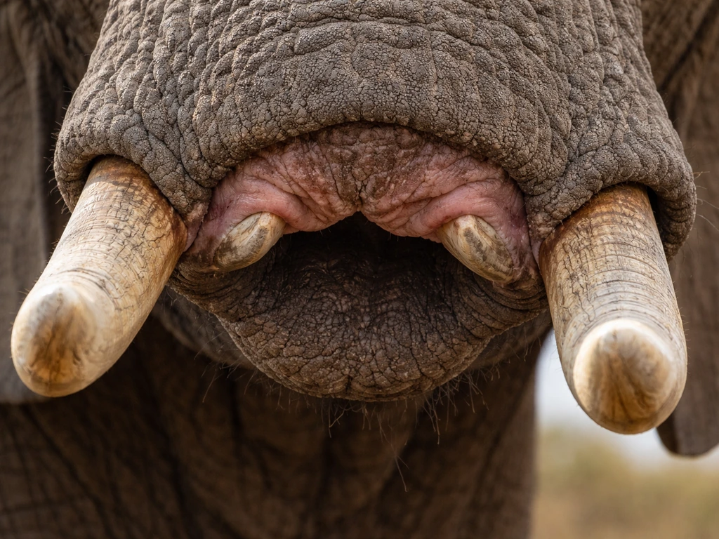 Close-up of an African elephant’s upper tusks and gumline, showing the tusk base near the mouth