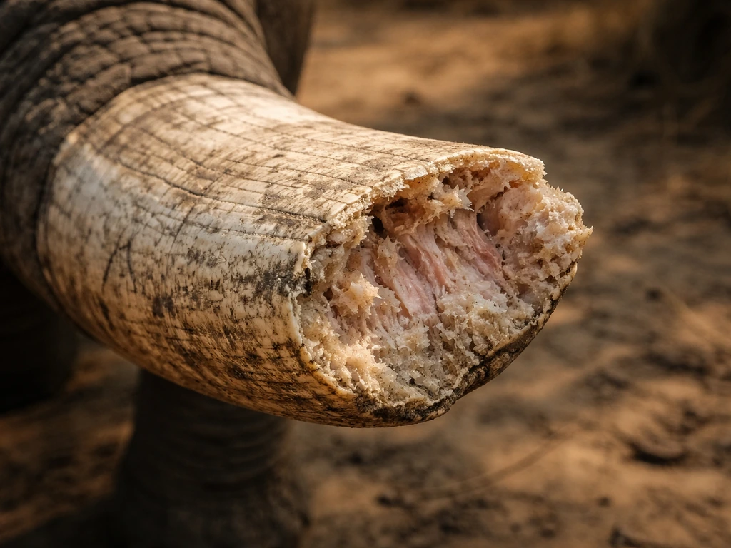 Close-up of a fractured elephant tusk showing the broken surface and exposed inner tissue.