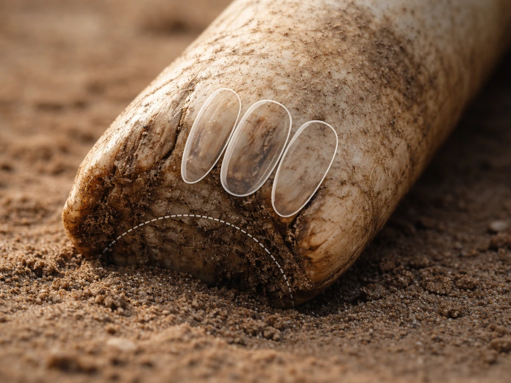 Close-up of an elephant tusk with subtle dental overlay shapes showing incisors, plus a second tusk signifying no regrow