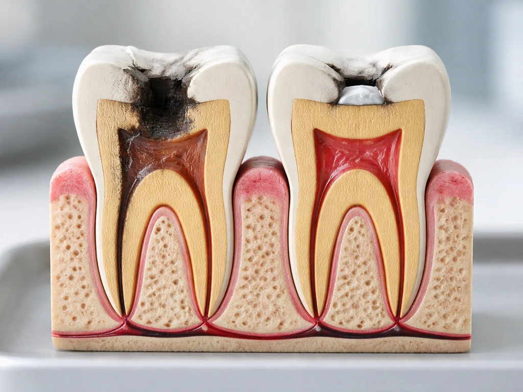 Photoreal adult tooth cross-section showing a damaged cavity with a clear cue of no regrowth and surrounding tissue.