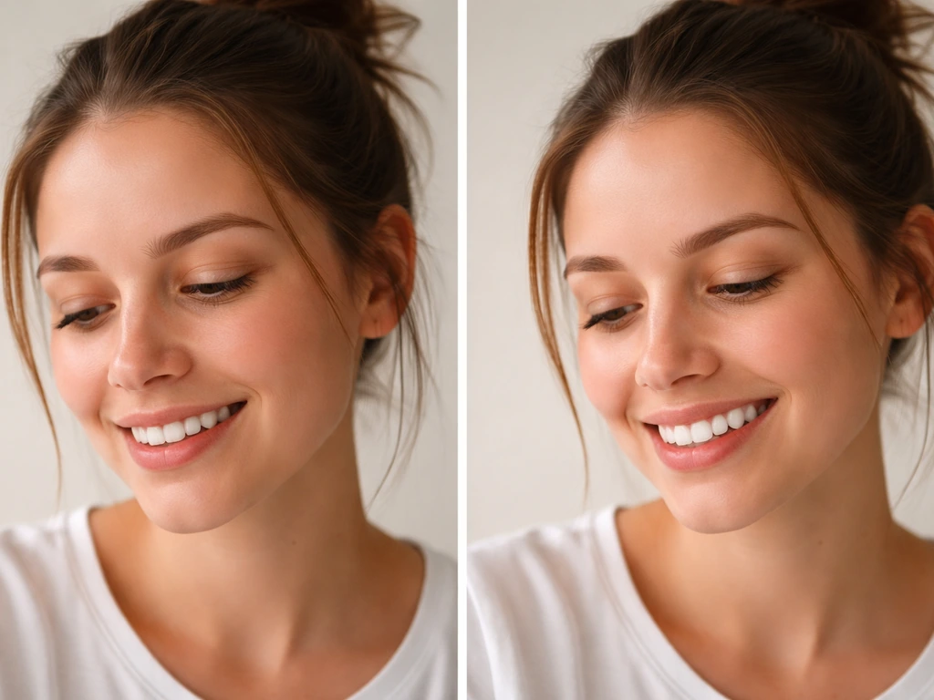 Side-by-side photos of anonymous woman showing subtle before/after tooth appearance changes, no text.
