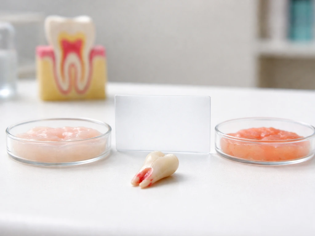 Minimal photo of an adult tooth on a dental table beside tissue-like gel containers and a barrier.