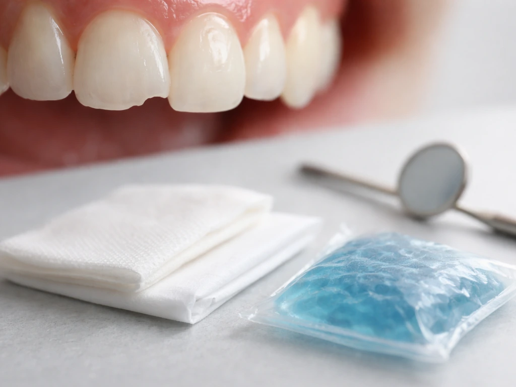 Close-up of a chipped tooth with simple dental care items and a cold pack nearby.