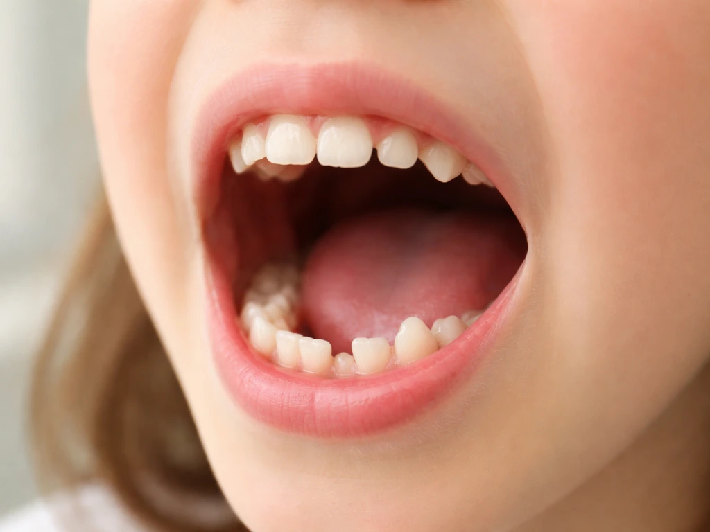 Close-up of mixed dentition in a clean dental setting, showing baby teeth and an erupting permanent tooth.
