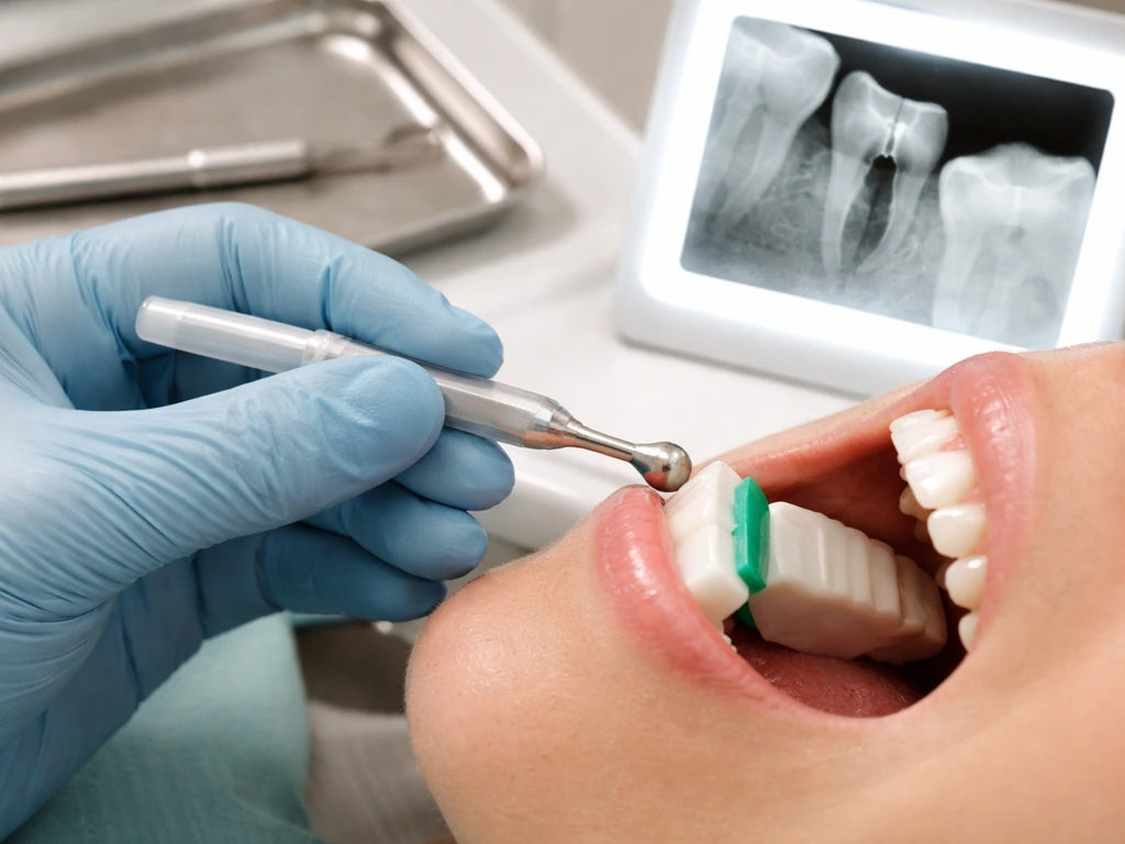 Dentist uses cold sensitivity tool and bite test near a dental X-ray showing a tooth crack and extraction site.