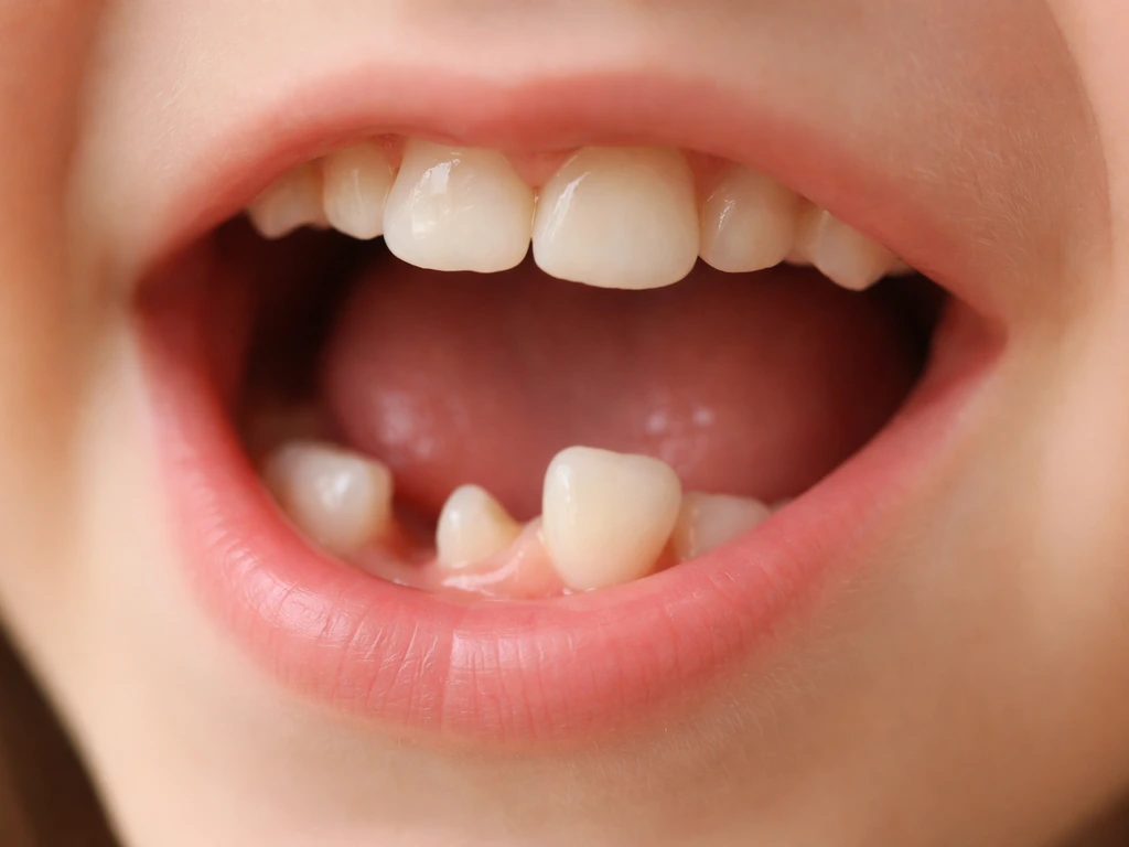 Close-up of a child’s mouth showing a missing baby tooth and a replacement tooth behind it.