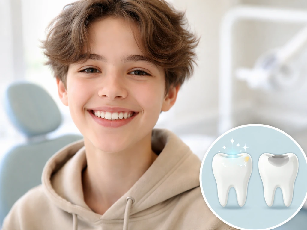 Teen with a healthy smile; inset dental illustration shows enamel remineralization and limits of regrowth at 13.