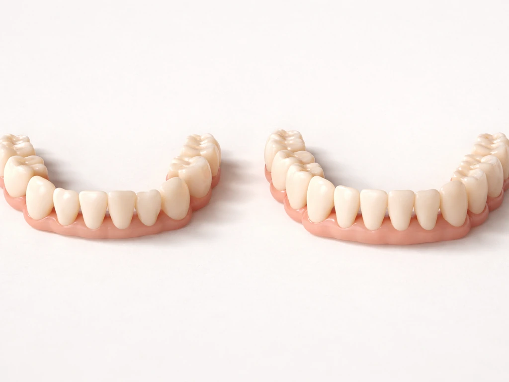 Minimal photo-style illustration comparing a partial set of baby teeth vs an almost complete set of permanent teeth.