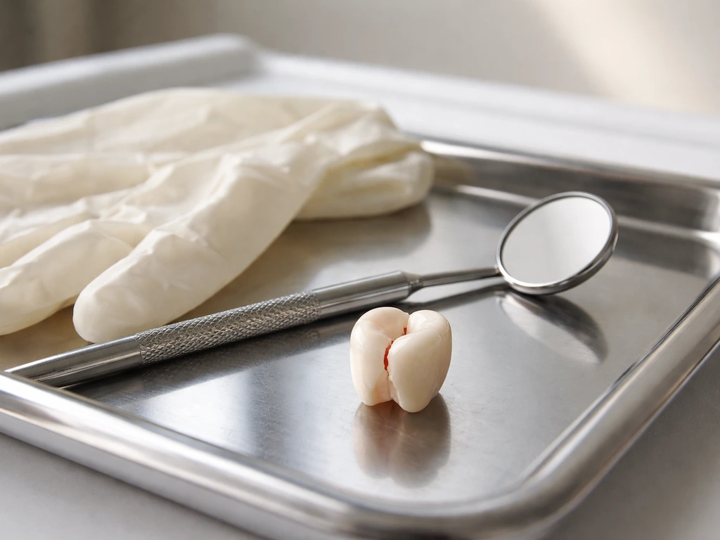 Close-up of a cracked tooth on a dental tray with a dentist mirror and gloves, suggesting urgent check today