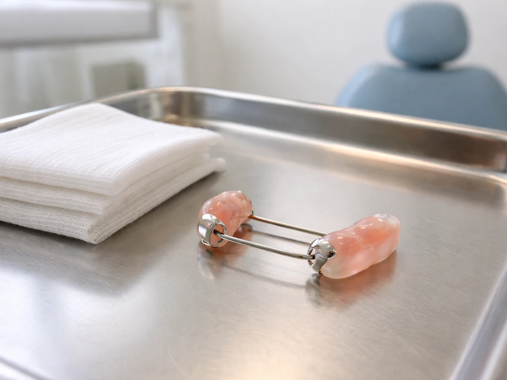A removable space maintainer dental appliance on a tray in a clean clinic setting