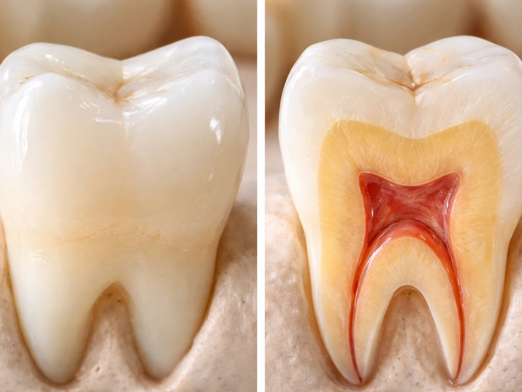 Macro side-by-side view of a tooth showing outer enamel versus inner dentin and pulp.